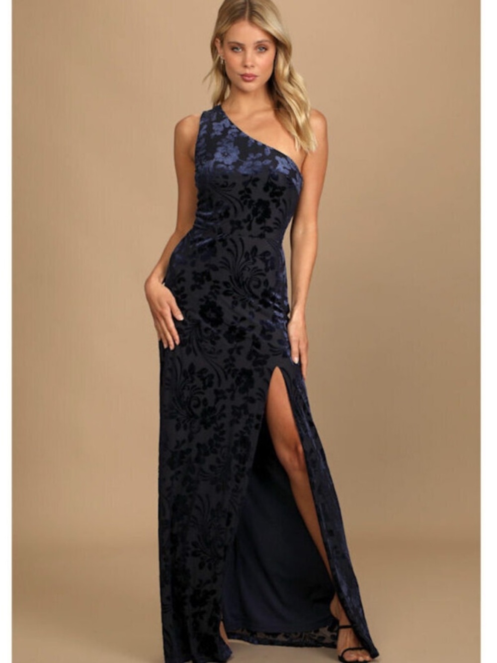 Lulus Navy Burnout One Shoulder Maxi Dress NWT Formal Wedding Guest Slit